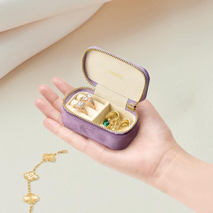 TAIMY Small Travel Jewelry Case, Mini Tiny Plush Velvet Jewelry Box for Women and Girls, Pocket Size Jewelry holder organizer for Rings Earrings and Small Items(Lavender)