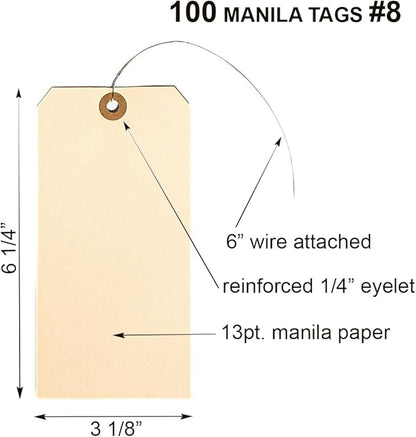 100 Large Manila Paper Tags with Wire Attached – # 8, 6 1/4" x 3 1/8" – Manilla Shipping Tags with Reinforced Eyelet and Metal Wire, Labels with Ties