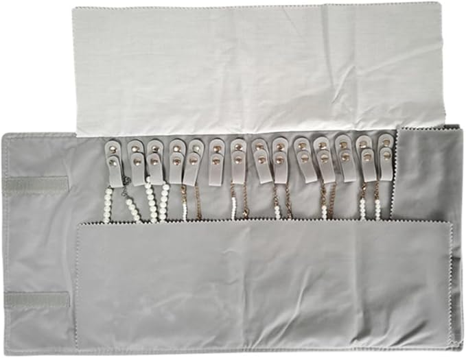 Premium Jewelry Roll Organizer for 16 Necklaces 55cm x 29cm Metal Snap & Velcro Closure - Ideal for Travel and Storage (Grey)