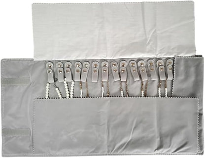 Premium Jewelry Roll Organizer for 16 Necklaces 55cm x 29cm Metal Snap & Velcro Closure - Ideal for Travel and Storage (Grey)
