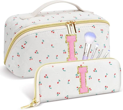 Personalized Travel Makeup Bag Set,Initial Travel Cute Cherry Makeup Organizer Bag,Toiletry Skincare Cosmetic Bag,Christmas Gifts for Women/Girls,Open Flat Toiletry Pouch with Brush Pocket-I