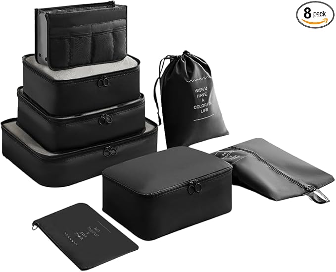 SUMINGGO Packing Cubes for Travel - 8 PCS Compression Packing Organizers Set, Water-Resistant Luggage Organizers with Laundry Bag for Suitcase, Travel Bags Organizer for Efficient Packing (Black)