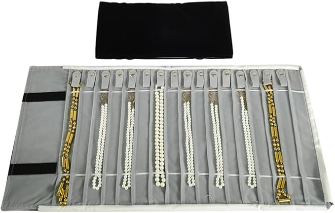 Portable Jewelry Roll Untangled Secure Necklace Travel Storage Bag Displays Holder 16 Chain (Black and Gray)