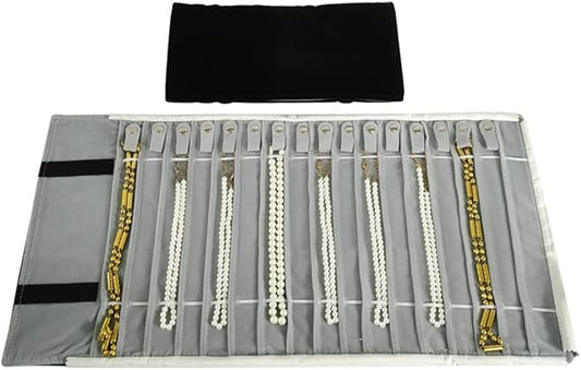 Portable Jewelry Roll Untangled Secure Necklace Travel Storage Bag Displays Holder 16 Chain (Black and Gray)