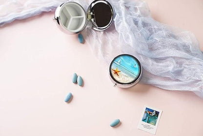 Pill Box,Beach Starfish Round Pill Box 3 Compartment Decorative Pocket Purse Portable Mini Travel Medicine Tablet Vitamin Holder Organizer Pill Case