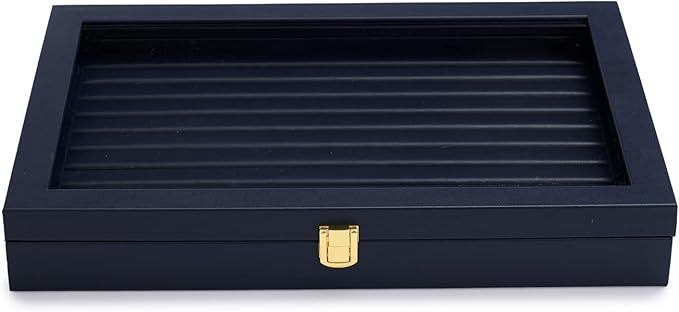 Oirlv Premium Blue Leather Rings Earrings Organizer Tray with Clear Lid Jewelry Display Box with Acrylic Lid Stackable Jewelry Box Drawer Inserts