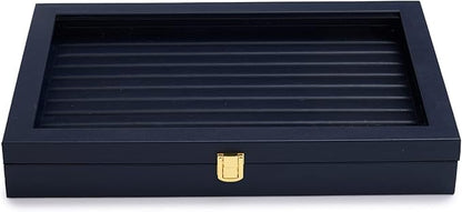 Oirlv Premium Blue Leather Rings Earrings Organizer Tray with Clear Lid Jewelry Display Box with Acrylic Lid Stackable Jewelry Box Drawer Inserts