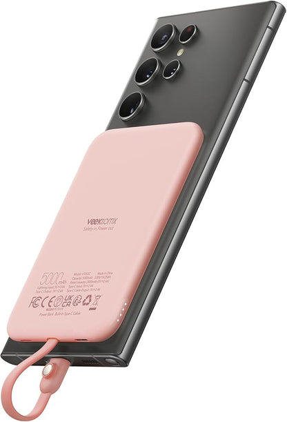 VEEKTOMX Slim Portable Charger, 5000mAh Lightweight Power Bank with Wired USB C Cable, Ultra Thin Battery Pack Compatible with iPhone 15/Plus/Pro/Pro Max/Samsung/Android(Non-Wireless Charging), Pink