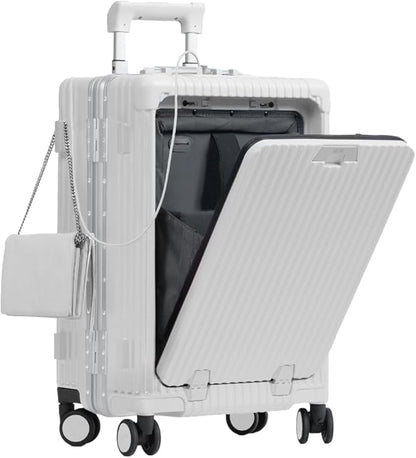 Nobl Travel Carry On Luggage, Noble Zipperless Aluminum Frame PC Hard Shell Suitcase, 22.5x15x9.5 Airline Approved, 360° Spinner Wheels, TSA Locks, USB Charging Port, Cup & Phone Holder - Ivory