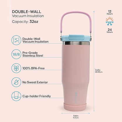 Sport Tumbler 32oz Stainless Steel Water Bottle, Vacuum Insulated with 2-in-1 Lid (Straw & Spout), Leak-Proof Reusable Travel Mug for Hot and Cold Drinks