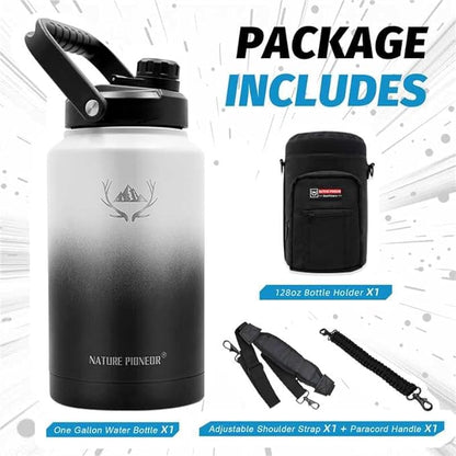 NATURE PIONEOR One Gallon Water Bottle Insulated - Large Double Vacuum Stainless Steel 128 oz Water Bottle with Holder/Carrier, 1 Gallon Water Jug,128oz, Wide Mouth