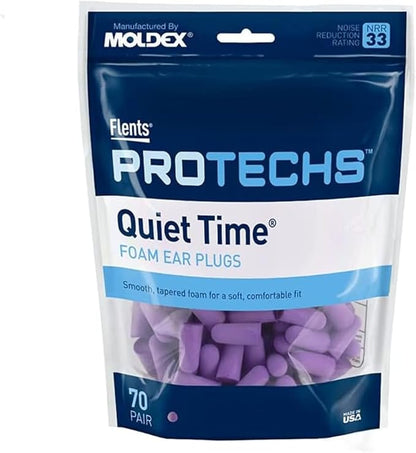 Flents Protechs Foam Ear Plugs, 70 Pair for Sleeping, Snoring, Loud Noise, Traveling, Concerts, Construction, Studying, Work, Shooting, NRR 33, Noise Cancelling, Disposable Purple, Made in the USA