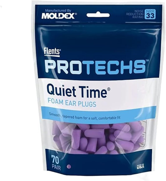 Flents Protechs Foam Ear Plugs, 70 Pair for Sleeping, Snoring, Loud Noise, Traveling, Concerts, Construction, Studying, Work, Shooting, NRR 33, Noise Cancelling, Disposable Purple, Made in the USA