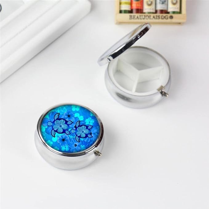 Pill Box,Blue Hibiscus Flower Turtles Round Pill Box 3 Compartment Decorative Pocket Purse Portable Mini Travel Medicine Tablet Vitamin Holder Organizer Pill Case