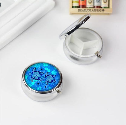 Pill Box,Blue Hibiscus Flower Turtles Round Pill Box 3 Compartment Decorative Pocket Purse Portable Mini Travel Medicine Tablet Vitamin Holder Organizer Pill Case