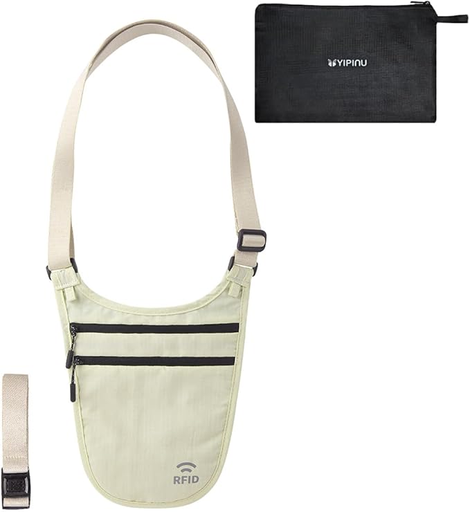 Crossbody Money Belt for Travel Women & Men Hidden, Travel Wallet Pouch - Slim Passport Holde, RFID Blocking Neck Wallet Under Clothes to Protect Cash, Credit Cards and Documents (KHAKI)