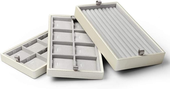 Oirlv White Leather Jewelry Suitcase for Women Three Layer Jewelry Organizer Display Storage Case Holder for Rings Earrings Necklace Pendant Vintage Gift
