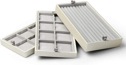 Oirlv White Leather Jewelry Suitcase for Women Three Layer Jewelry Organizer Display Storage Case Holder for Rings Earrings Necklace Pendant Vintage Gift