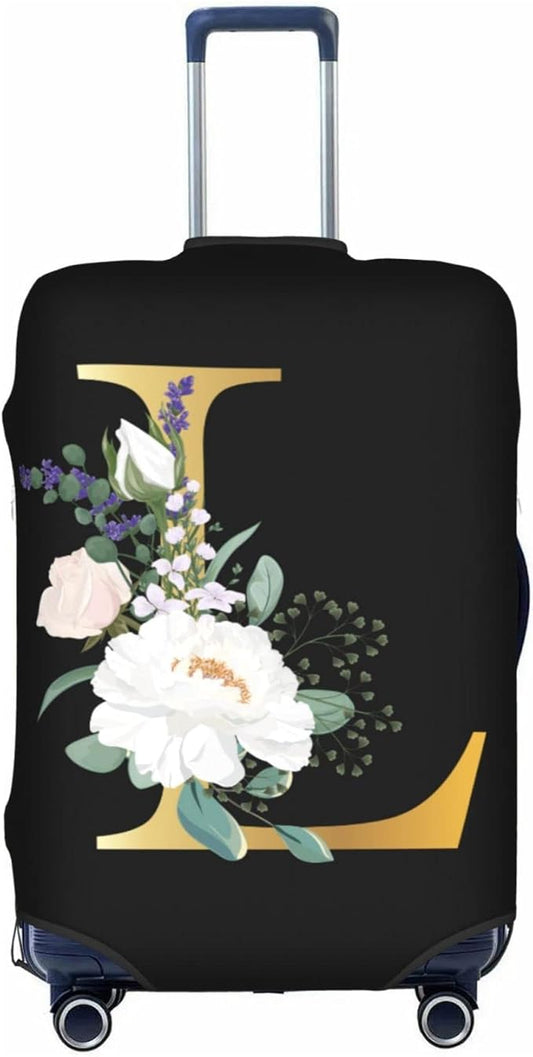 Flower Letter L Black Luggage Cover Elastic Washable Stretch Suitcase Protector Anti-Scratch Travel Suitcase Cover for Kid and Adult L (25-28 inch suitcase)