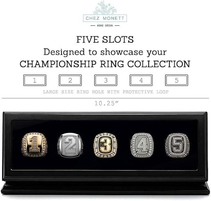 CHEZ MONETT 3-Slot Championship Ring Display Case – Sports Ring Holder Box (Matt Black, 5)