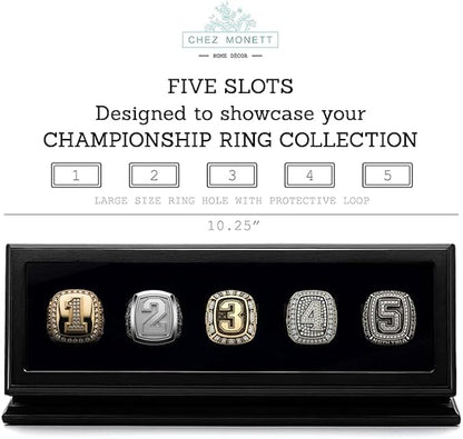 CHEZ MONETT 3-Slot Championship Ring Display Case – Sports Ring Holder Box (Matt Black, 5)