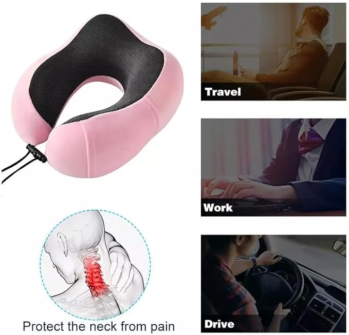 Airplane Travel Neck Pillow, 100% Memory Foam Ergonomic Neck Support, Airplanes Neck Pillow with Washable Cover Travel Essential for Flight Car & Office Includes Eye Masks, Earplugs & Carry Bag (Pink)
