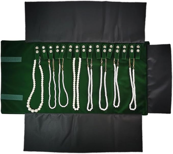 Premium Jewelry Roll Organizer for 16 Necklaces 55cm x 29cm Metal Snap & Velcro Closure - Ideal for Travel and Storage (Green)