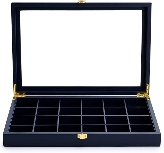 Oirlv Premium Blue Leather 24 Grid Jewelry Tray with Transparent Lid Earrings Rings Organizer Box Stackable Jewelry Box Drawer Inserts Women Gift