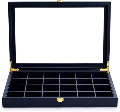 Oirlv Premium Blue Leather 24 Grid Jewelry Tray with Transparent Lid Earrings Rings Organizer Box Stackable Jewelry Box Drawer Inserts Women Gift