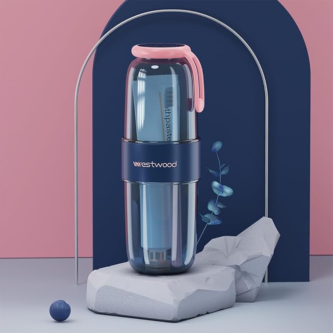 Luxury Transparent Blue Toothbrush Travel Case, Portable Travel Toothbrush & Toothpaste Holder Cover Organizer Container with Mouthwash Cup for Camping, Business Trips, Bathroom Storage