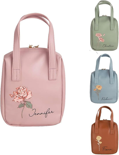 callie Personalized Makeup Bag - Custom Birth Flower & Name, Leather Cosmetics Organizer Travel Bag with Double Zippers & Handle, Birthday Mother's Day Gift for Women