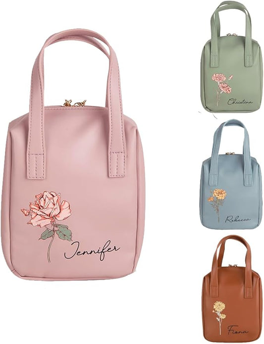 callie Personalized Makeup Bag - Custom Birth Flower & Name, Leather Cosmetics Organizer Travel Bag with Double Zippers & Handle, Birthday Mother's Day Gift for Women