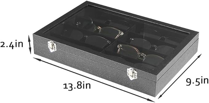 Coward Sunglass Organizer Tray Box, Black Velvet Grids Eyeglasses Display Tray Case with Transparent Glass Lid for Home Use or Store Shop Selling Show