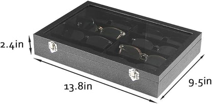 Coward Sunglass Organizer Tray Box, Black Velvet Grids Eyeglasses Display Tray Case with Transparent Glass Lid for Home Use or Store Shop Selling Show