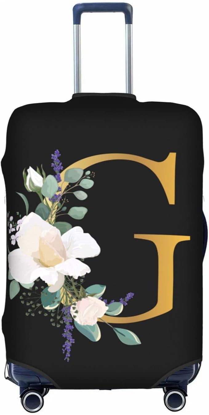 Flower Letter G Black Luggage Cover Elastic Washable Stretch Suitcase Protector Anti-Scratch Travel Suitcase Cover for Kid and Adult S (18-21 inch suitcase)