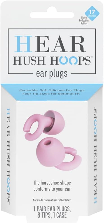 Hush Hoops Ear Plugs, Ultra-Soft Reusable Silicone Plugs with Horseshoe Shape for Comfort, Designed for Sleep and Sound Suppression, 17dB (NRR) Noise Reduction Rating, Pink, 1 Pair with Travel Case