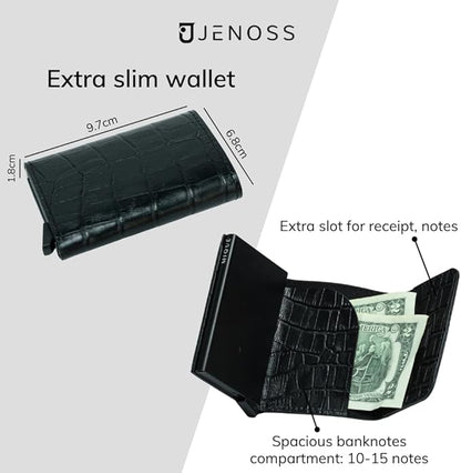 Jenoss Smart Wallet For Men: Full Grain Leather, Handcrafted, Slide Metal Pop Up Case, Slim RFID Blocking Credit Card Holder, Minimalist, Compact, 6-8 Cards Organizers, Front Pocket, Money Clip (Navy)