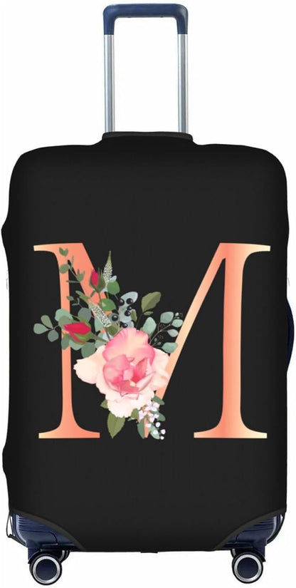 Floral Letter M Travel Luggage Cover Spandex Suitcase Protector Elastic Washable Stretch Suitcase Cover,Size S(Fit 18-21inch Suitcase)