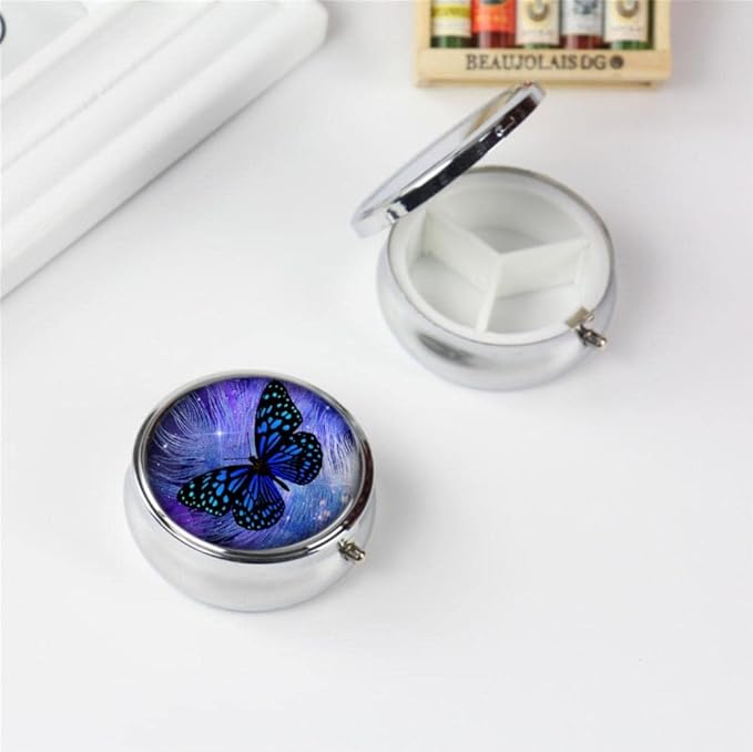 Pill Box,Butterfly Purple Galaxy Feather Round Pill Box 3 Compartment Decorative Pocket Purse Portable Mini Travel Medicine Tablet Vitamin Holder Organizer Pill Case
