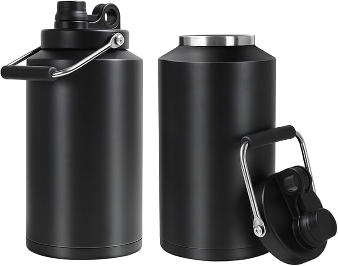 Insulated Water Bottle, 2 Pack, 1 Gallon Jug with Handle, 128 oz Stainless Steel Large Water Bottle Wide Mouth Double Vacuum for Hot & Cold Drinks, Black