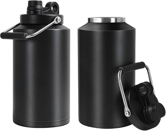 Insulated Water Bottle, 2 Pack, 1 Gallon Jug with Handle, 128 oz Stainless Steel Large Water Bottle Wide Mouth Double Vacuum for Hot & Cold Drinks, Black