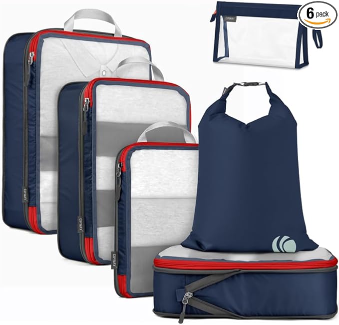 Cipway Compression Packing Cubes, See Through Mesh Luggage Organizer Bags, Travel Essentials for Carry on Suitcase with Laundry Bag and Clear Toiletries Bag（6 Pcs,Blue）