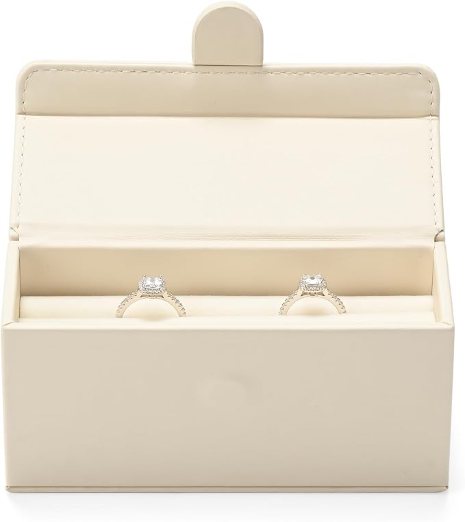 Leather Travel Jewelry Box, Portable Pocket Size Ring Box for Women, Mini Jewelry Travel Case Small Ring Holder Organizer with 12 Slots for purse(Beige)