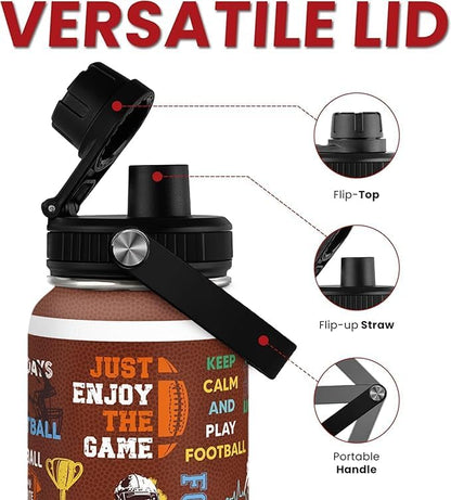 American Football Insulated Stainless Steel Water Bottle 32oz, Vacuum Chug Lid Travel Tumbler for Men Friends Dad Football Lovers Fans Coaches, Gift for Birthday Christmas Father's Day