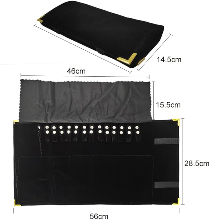 Premium Jewelry Roll Organizer for 16 Necklaces 55cm x 29cm Metal Snap & Velcro Closure - Ideal for Travel and Storage (Black with golden corner)