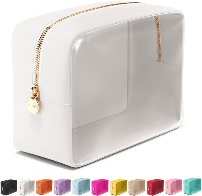 Embla Clear Cosmetic Bag Makeup Case, Clear Zipper Make Up Pouch and Toiletry Travel Tote, Cute Skincare Pouches for Women Girls, Preppy Purse Cosmetic Organizer, Large Makeup Bags, White