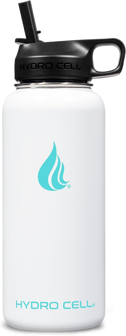 HYDRO CELL Stainless Steel Insulated Water Bottle with Straw - For Cold & Hot Drinks - Metal Vacuum Flask with Screw Cap and Modern Leakproof Sport Thermos for Adults (White 32oz)