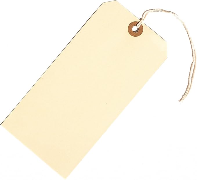 100 Large Manila Paper Tags with String Attached - # 8, 6 1/4" x 3 1/8" - Shipping Tags with String for Labeling, Blank Hang Labels with Ties