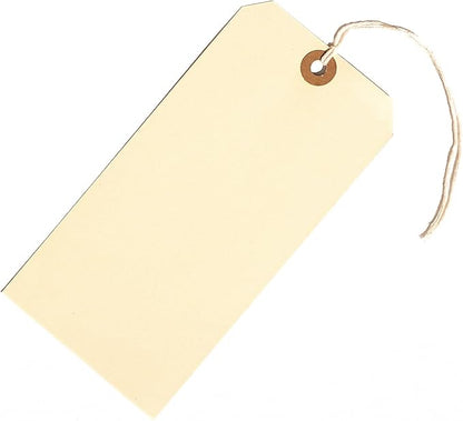 100 Large Manila Paper Tags with String Attached - # 8, 6 1/4" x 3 1/8" - Shipping Tags with String for Labeling, Blank Hang Labels with Ties