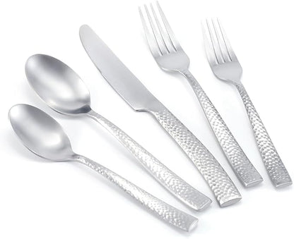 Hand Forged Stainless Steel Flatware Set Silverware Set Cutlery Set Matte Finished Hammered 5 Pieces Service for 1
